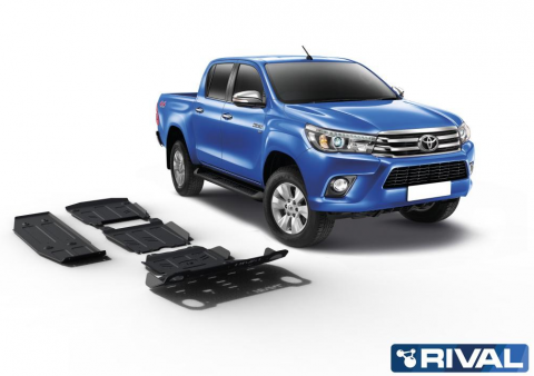 Sada ocelových krytů podvozku RIVAL ocel 3mm motor+chladič, převodovka, rozdělovací převodovka a nádrž Toyota Hilux Revo, 4WD 2,8; 2,4 (EURO6), r.v. 2015+