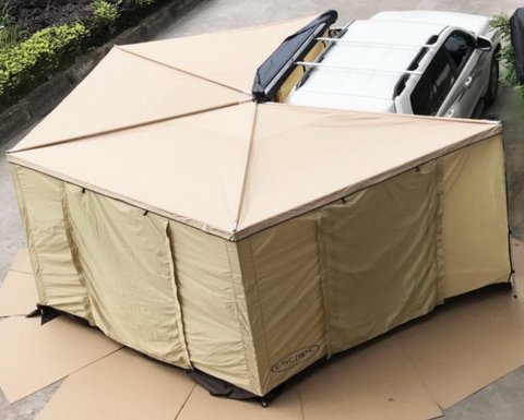 Expediční vějířová markýza FOX 2,5m včetně bočních stěn s odnímatelnou podlahou na auto (na stranu spolujezdce) barva zelená